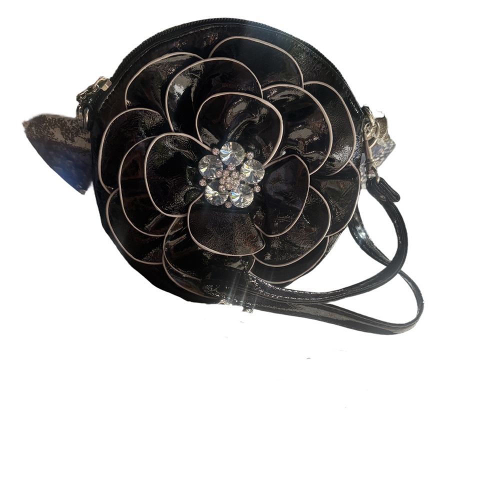 NWT, Black Faux Leather Rosette wristlet/Crossbody with Rhinestone Details